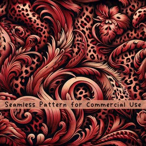 May include: A seamless digital pattern featuring a vibrant red and black leopard print background overlaid with intricate, swirling acanthus leaf motifs in shades of red and orange. The image includes the text Seamless Pattern for Commercial Use.