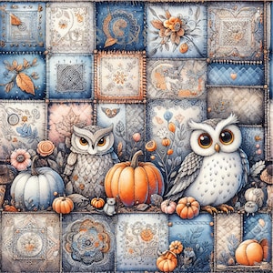 Op de afbeelding: Een naadloos patroonontwerp met uilen, pompoenen en bloemelementen. Het ontwerp bevat een patchwork-stijl met vierkanten in tinten blauw, wit en oranje. De tekst "SEAMLESS PATTERN" en "COMMERCIAL USE INCLUDED" is zichtbaar.