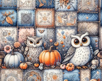 Blue Owl Patchwork Seamless Pattern Repeat Fabric Pattern Digital Paper Sublimation Design for Scrapbooking Digital Download PNG Fall
