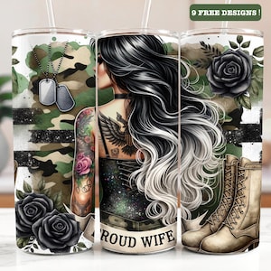 Military Wife Tumbler Wrap, Military Boots, Proud Patriotic Wife, US American Flag, 20 Oz Skinny Sublimation Tumbler Wrap Digital Design PNG