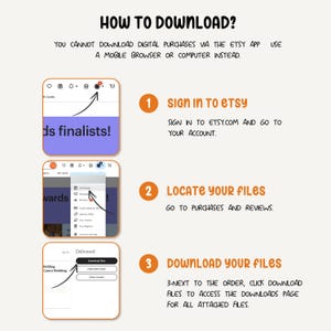 The image provides instructions on how to download digital purchases using the Etsy app, including signing in to Etsy, locating files, purchasing and reviewing them, and finally, downloading the files.