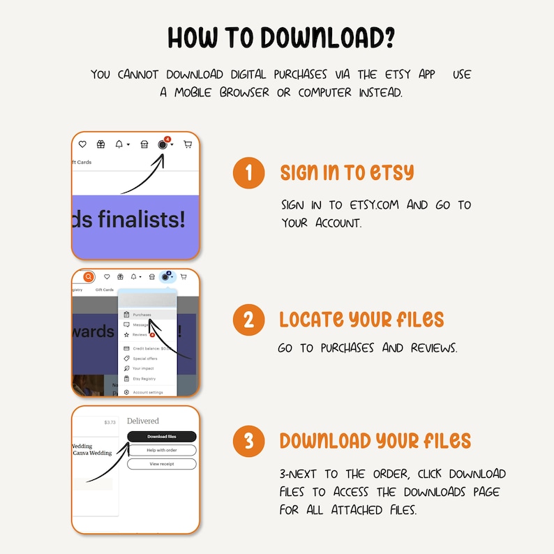 The image provides instructions on how to download digital purchases using the Etsy app, including signing in to Etsy, locating files, purchasing and reviewing them, and finally, downloading the files.