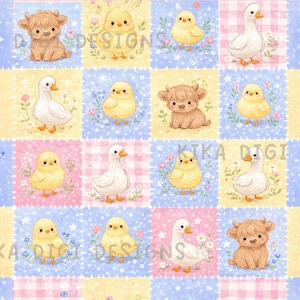 May include: Seamless pattern featuring a repeating grid of farm animals including a brown Highland cow, yellow chick, and white duck. The background alternates between pastel yellow, blue, and pink squares with floral and gingham patterns. Text at the top reads "SEAMLESS PATTERN".