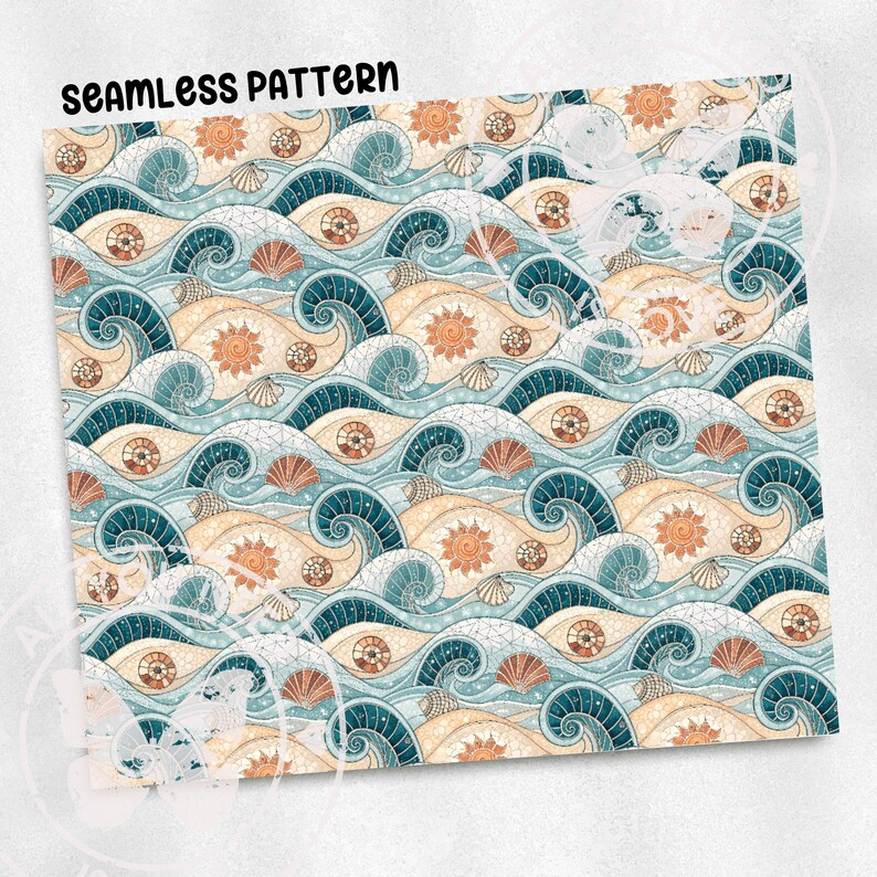 Mosaic Ocean Waves Seamless Pattern Repeat Fabric Pattern Digital Paper ...