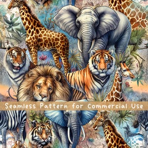 Safari Animals Seamless pattern Lion Seamless Pattern Fabric PNG Repeat Pattern Commercial License Fabric Design Tiger Giraffe Elephant PNG