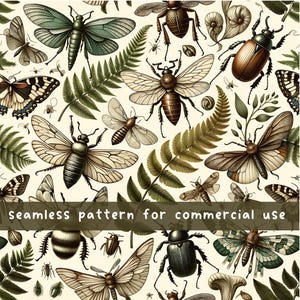 Botanical Moth Seamless Pattern, Beetles, Butterflies, Vintage Digital Pattern, Instant Download Scrapbooking Commercial Use Sublimation POD