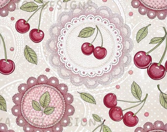 Cherry Lace Seamless Pattern Repeat Fabric Pattern Digital Paper Sublimation Design for Scrapbooking Digital Download PNG Cherries