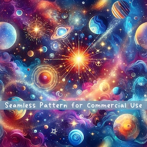 Op de afbeelding: Een naadloos digitaal patroon met een levendige kosmische scène met wervelende nevels in tinten paars, blauw en roze, bezaaid met diverse planeten, gloeiende sterren en een centrale heldere zon. De tekst Seamless Pattern for Commercial Use is zichtbaar.