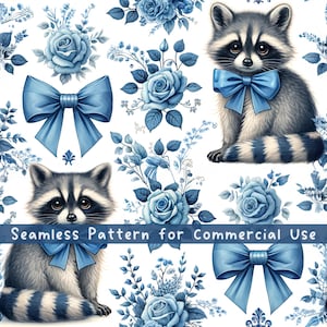 Coquette de raton laveur à noeuds bleus, motif sans couture de toile bleue, rubans de chinoiseries motif répétitif de raton laveur pour le papier numérique de sublimation de tissu