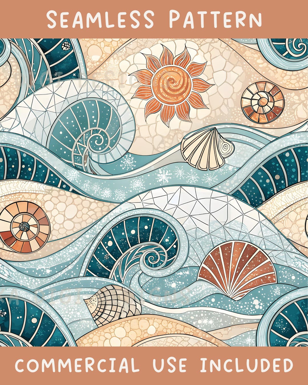 Mosaic Ocean Waves Seamless Pattern Repeat Fabric Pattern Digital Paper ...
