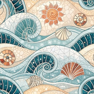 Op de afbeelding: Naadloos patroon met gestileerde golven, schelpen en een zon in blauwe, beige en oranje tinten. Het ontwerp bevat de tekst "SEAMLESS PATTERN" en "COMMERCIAL USE INCLUDED".