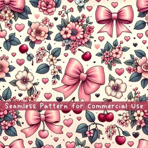Coquette Cherry Ribbon Seamless pattern Coquette Cherry Repeat Pattern Commercial Use Cute Bows Sublimation digital png Commercial Use PNG