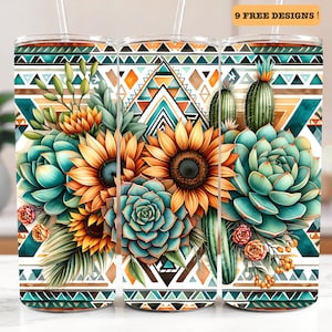 Zonnebloem beker wrap, 20oz beker sublimatie ontwerpen, westerse Azteekse beker wrap, Boho woestijn cactus beker wrap, digitale download, png
