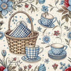 Blue Toile Picnic Tea Seamless Pattern Repeat Fabric Pattern Digital Paper Sublimation Design for Scrapbooking Digital Download PNG