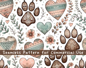 Boho Pawsシームレスパターン無制限の商用利用デジタル印刷ファイル即時ダウンロード昇華PODかわいいペットの足跡シームレスパターンPNG