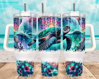 ウミガメの海の40オンスラップ、昇華デザインテンプレート、40オンスのPNGデジタルダウンロードビーチオーシャンPNGダウンロード、ハンドルデザイン付き40オンスのタンブラー
