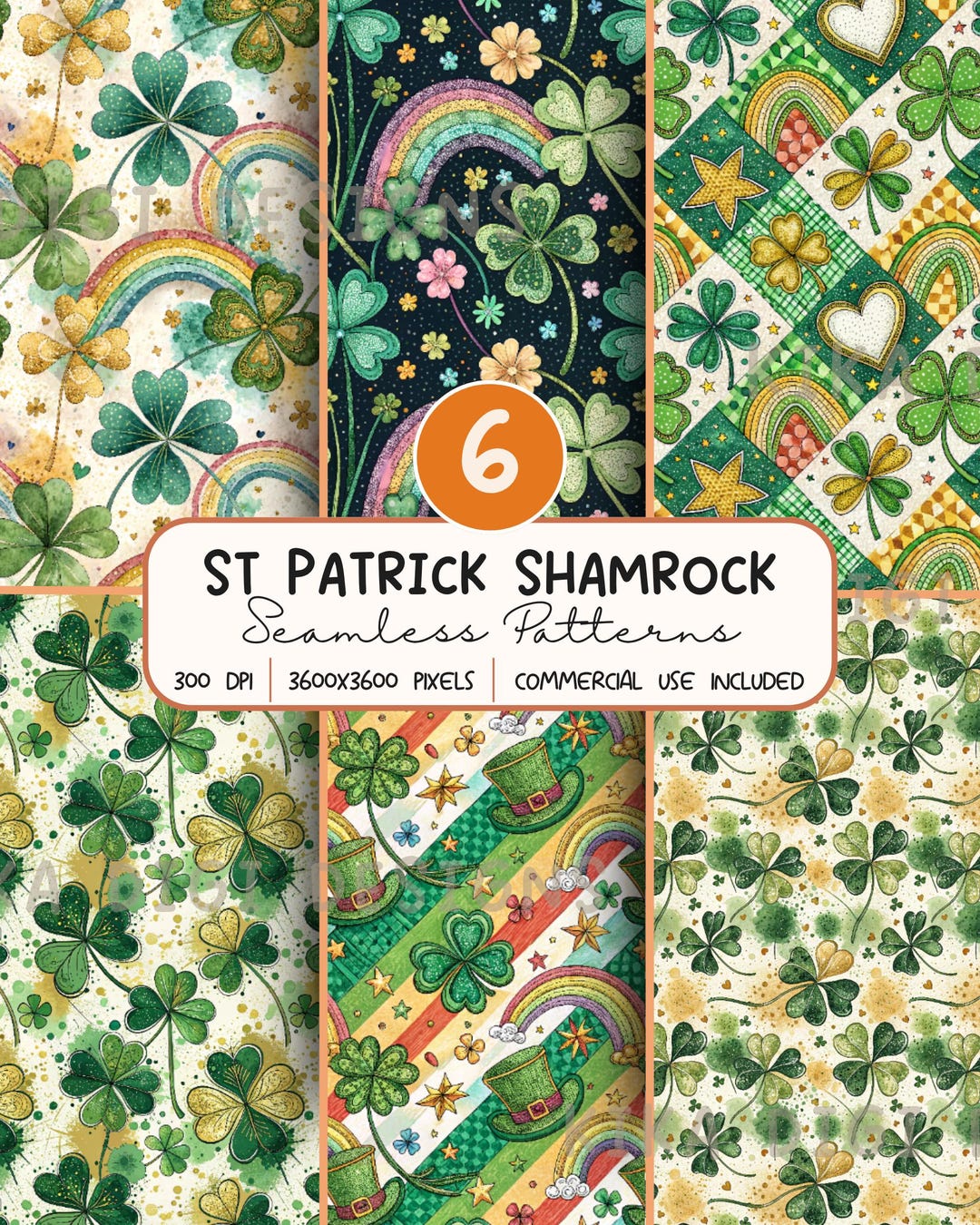 St Patrick Shamrock Seamless Pattern Bundle, Clover Rainbow Digital ...