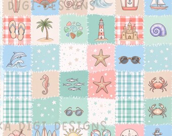Beach Patchworks Seamless Pattern Repeat Fabric Pattern Digital Paper Sublimation Design for Scrapbooking Digital Download PNG Pastel