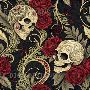 May include: A seamless pattern with golden skulls and red roses set against a black backdrop. The design incorporates detailed floral and scrollwork, with the text "SEAMLESS PATTERN" and "COMMERCIAL USE INCLUDED".