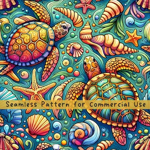 Modello senza cuciture con tartaruga marina, conchiglie, tessuto senza cuciture, motivo ripetuto, licenza commerciale, design del tessuto, tartarughe, creature dell'oceano, PNG