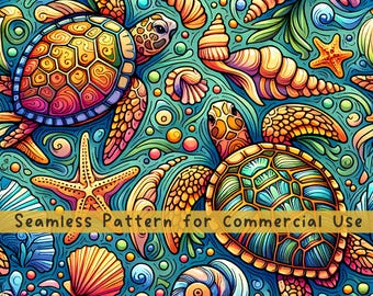 Meeresschildkröte Musterdesign Muscheln Seamless Pattern Fabric PNG Rapportmuster Kommerzielle Lizenz Stoffdesign Schildkröten Meeresbewohner PNG