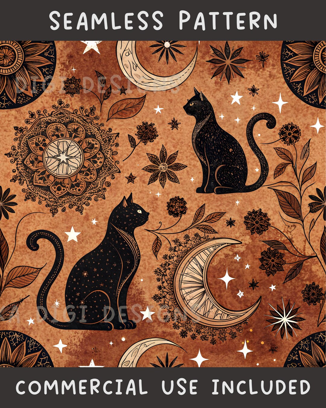 Boho Black Cat Seamless Pattern Repeat Fabric Pattern Digital Paper ...