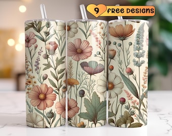 Vintage Flowers Tumbler Wrap 20oz Tumbler Sublimation Design Boho Tumbler Wrap Seamless 20 oz Skinny Tumbler Digital Download Botanical png