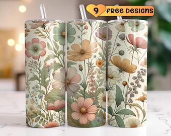 Wildflowers Tumbler Wrap 20oz Tumbler Sublimation Design Boho Tumbler Wrap Seamless 20 oz Skinny Tumbler Wrap Digital Download Botanical png
