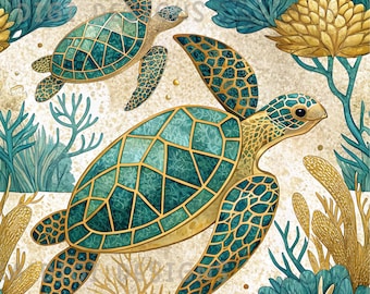 Mosaic Turtle Seamless Pattern Repeat Fabric Pattern Digital Paper Sublimation Design for Scrapbooking Digital Download PNG Sea Turtle