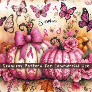 Pink Pumpkin Ribbon Awareness Breast Cancer Survivor Seamless Pattern Fabric Pattern Butterflies Sublimation Design Digital Download PNG