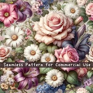 Blommigt sömlöst mönster, botaniskt, cottage rosor, vintage, digitalt mönster, omedelbar nedladdning, scrapbooking kommersiellt bruk, sublimering, POD