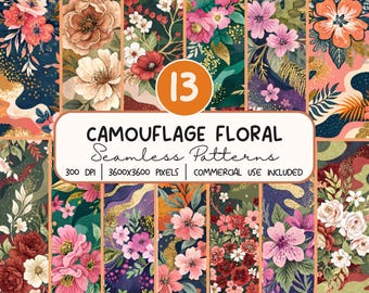 Camouflage Floral Seamless Pattern Bundle, Floral Digital Paper PNG,  Sublimation Design, Repeat Pattern Digital Download