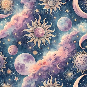 Galaxy Seamless Pattern Repeat Fabric Pattern Digital Paper Sublimation Design for Scrapbooking Digital Download PNG Celestial Moon
