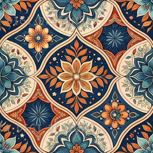 May include: Seamless pattern with a repeating floral design. The pattern features a combination of blue, orange, and cream colors. The design includes stylized flowers, leaves, and geometric shapes. The text "SEAMLESS PATTERN" and "COMMERCIAL USE INCLUDED" are visible.