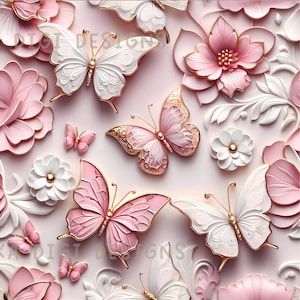 May include: A seamless pattern featuring butterflies and flowers in shades of pink and white. The butterflies have gold accents and are interspersed with detailed floral designs. The text "SEAMLESS PATTERN" and "COMMERCIAL USE INCLUDED" are visible.