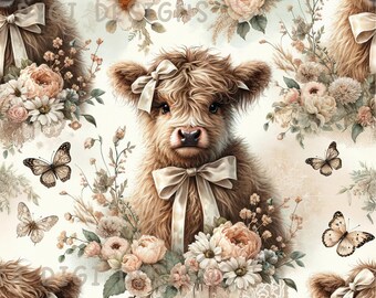 Highland Floral Cow Seamless Pattern Repeat Fabric Pattern Digital Paper Sublimation Design for Scrapbooking Digital Download PNG Pastel