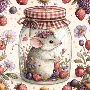May include: Watercolor illustration of a mouse inside a glass jar, surrounded by strawberries, blackberries, and flowers. The jar has a gingham lid and is tied with a bow. The words "SEAMLESS PATTERN" and "COMMERCIAL USE INCLUDED" are at the top and bottom.