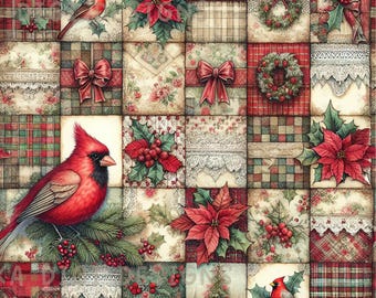 Christmas Robin Patchwork Seamless Pattern Repeat Fabric Pattern Digital Paper Sublimation Design for Scrapbooking Digital Download PNG