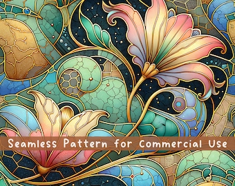 Stained Glass Flower Seamless pattern Window Art Seamless Pattern Fabric PNG Repeat Pattern Commercial License Fabric Design Watercolor PNG