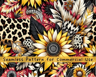 Leopard Sunflowers Seamless pattern Flower Seamless Pattern Fabric PNG Repeat Pattern Commercial License Pink Leopard Feathers Design File