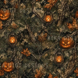 May include: A seamless pattern featuring a dark forest background with tree bark, pine needles, and autumn leaves. The design includes glowing jack-o'-lanterns and lit metal lanterns. The text SEAMLESS PATTERN and COMMERCIAL USE INCLUDED is visible.