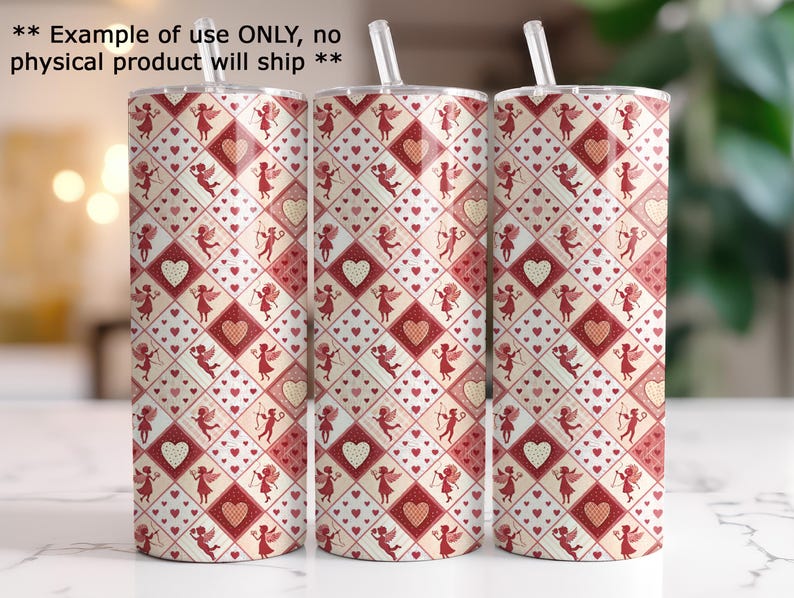 three cylindrical objects with a repeating pattern of red and white hearts and dancing cherubs on their surfaces.
