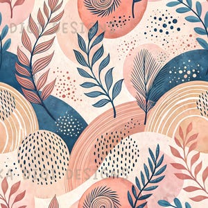 May include: Seamless pattern design featuring abstract shapes and botanical elements in a watercolor style. The design includes pink, blue, and beige colors with the text "SEAMLESS PATTERN" and "COMMERCIAL USE INCLUDED".