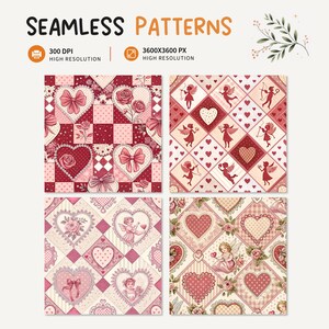four different patterns, each with a unique design and color scheme. The patterns include a checkered pattern with hearts and bows, a floral pattern with cherubs and hearts, a polka dot pattern with hearts and bows, and a heart and bow pattern with cherubs and hearts.