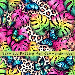 Leopard Monstera Nahtloses Muster Blume Nahtloses Muster Stoff PNG-Wiederholungsmuster Kommerzielle Lizenz Neon Lebendige Schmetterlings-Designdatei