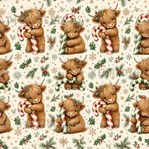 May include: A seamless pattern featuring repeating illustrations of fluffy brown Highland cows holding red and white striped candy canes, accented with green holly leaves, red berries, pine needles, and gold stars on a cream background.