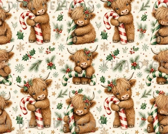 Christmas Highland Cow Seamless Pattern Repeat Fabric Pattern Digital Paper Sublimation Design for Scrapbooking Digital Download PNG
