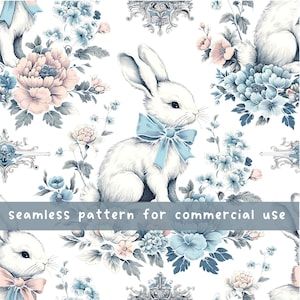 Easter Bunny Blue Toile Coquette Seamless pattern Pink Chinoiserie Bow Seamless Pattern Fabric Pattern PNG Easter Bunny PNG  Repeat Pattern