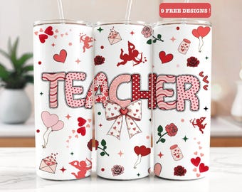 Vaso térmico coqueto para maestra de San Valentín, vaso delgado de 20 oz con diseño de sublimación, regalo para maestra, corazón de maestra