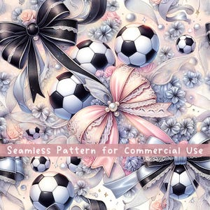 Coquette Bow Soccer Seamless Pattern Patriotic Repeating Pattern File for Commercial Use Digital Paper Girly Ribbons Soccer Seamless PNG